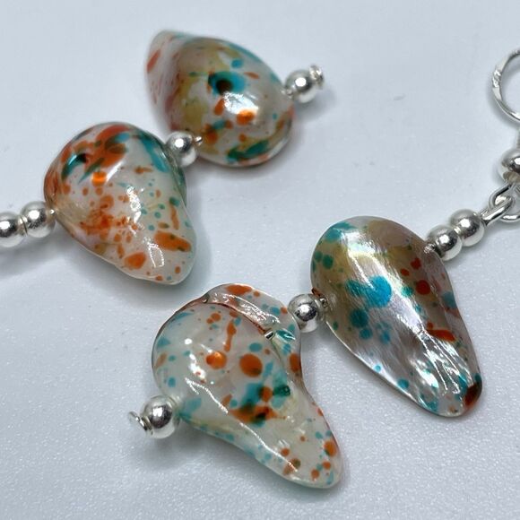 Silver Plated Confetti Dyed Bourque Pearl Beaded Dangle Earrings Boho Unique - Picture 6 of 7